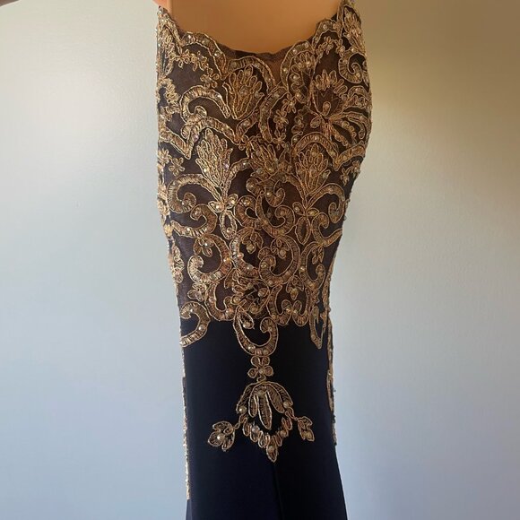 Xscape Crystal Embroidered Halter Velvet Gown in Blue/Gold Size 6 Prom Formal - Picture 8 of 15